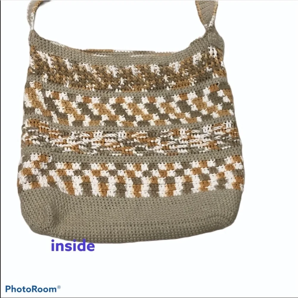 Large tan and cream crocheted crossbody bag with zipper top